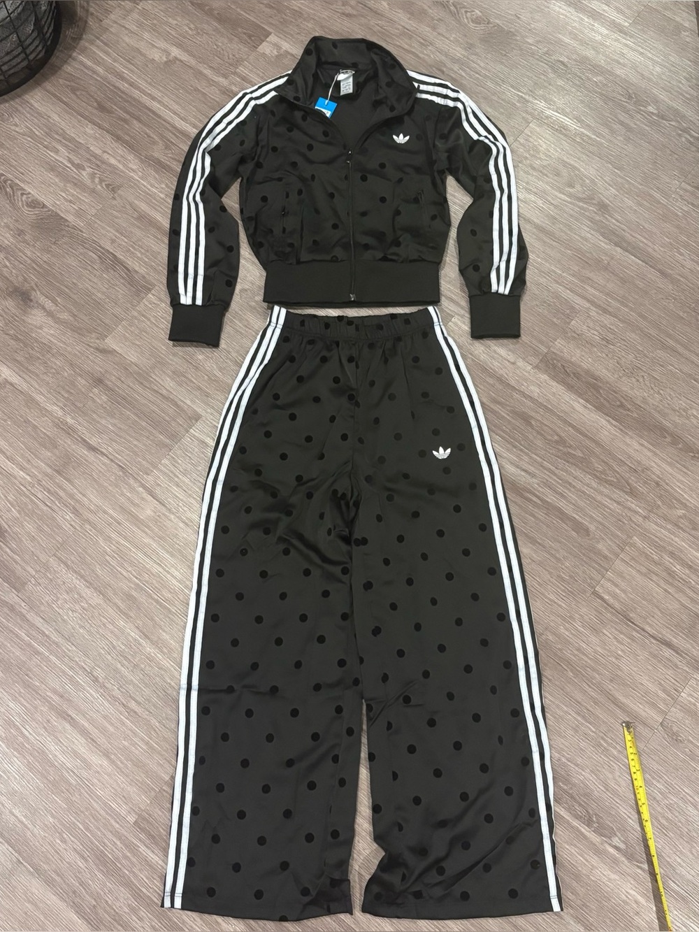 ADIDAS ORIGINALS BLACK POLKA DOT SET TRACK JACKET SIZE LARGE & PANTS SIZE LARGE